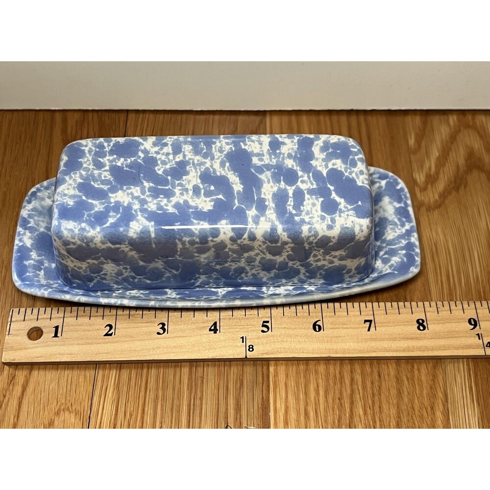 Bennington Potters Stoneware Butter Dish Blue Spongeware 1683 Vermont USA - Picture 8 of 8